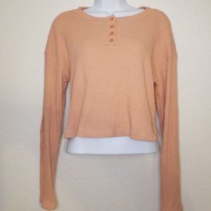 Lush Women's Cafe Creme Long Sleeve Ribbed Round Neck Henley Buttons Crop Top XL
